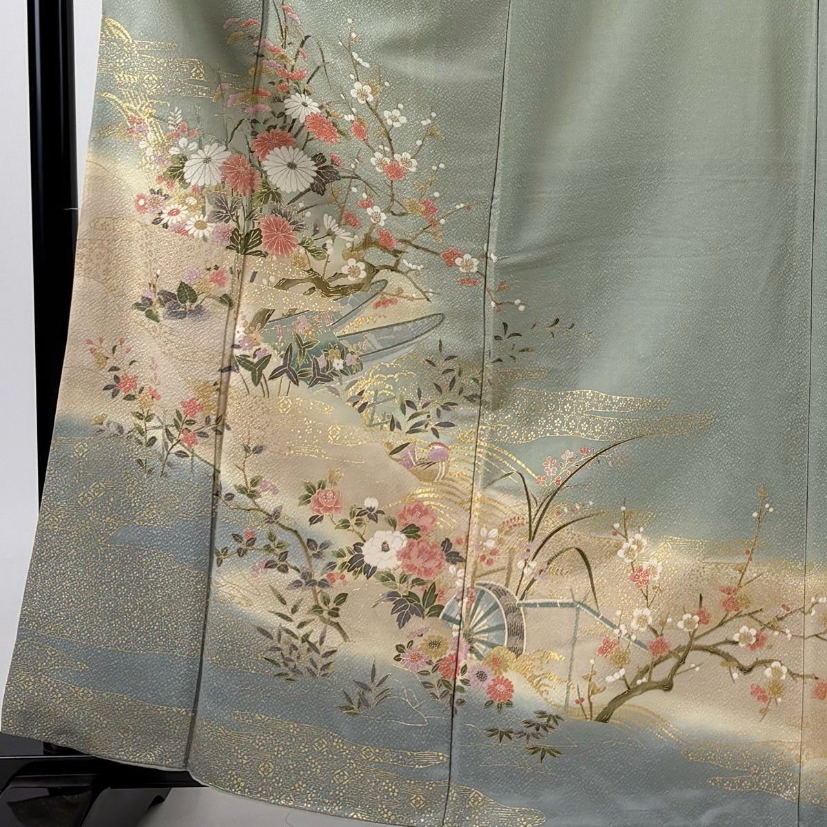 訪問着 身丈161.5cm 裄丈64.5cm M 袷 舟 草花 金彩 灰緑 正絹 秀品