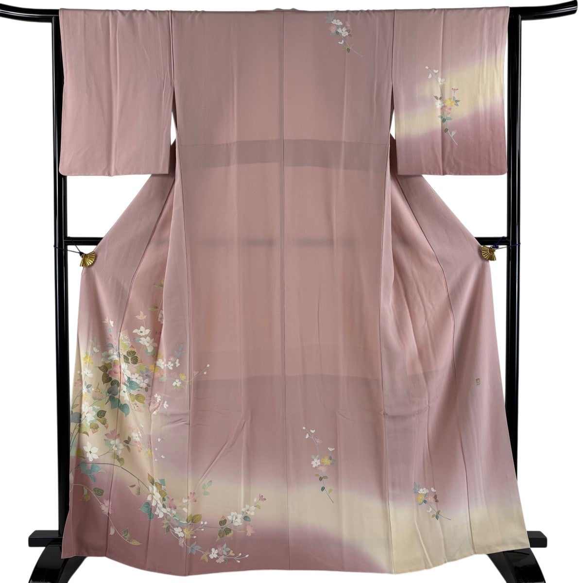 訪問着 身丈163.5cm 裄丈64cm M 袷 落款あり 枝花 霞 ぼかし ピンク
