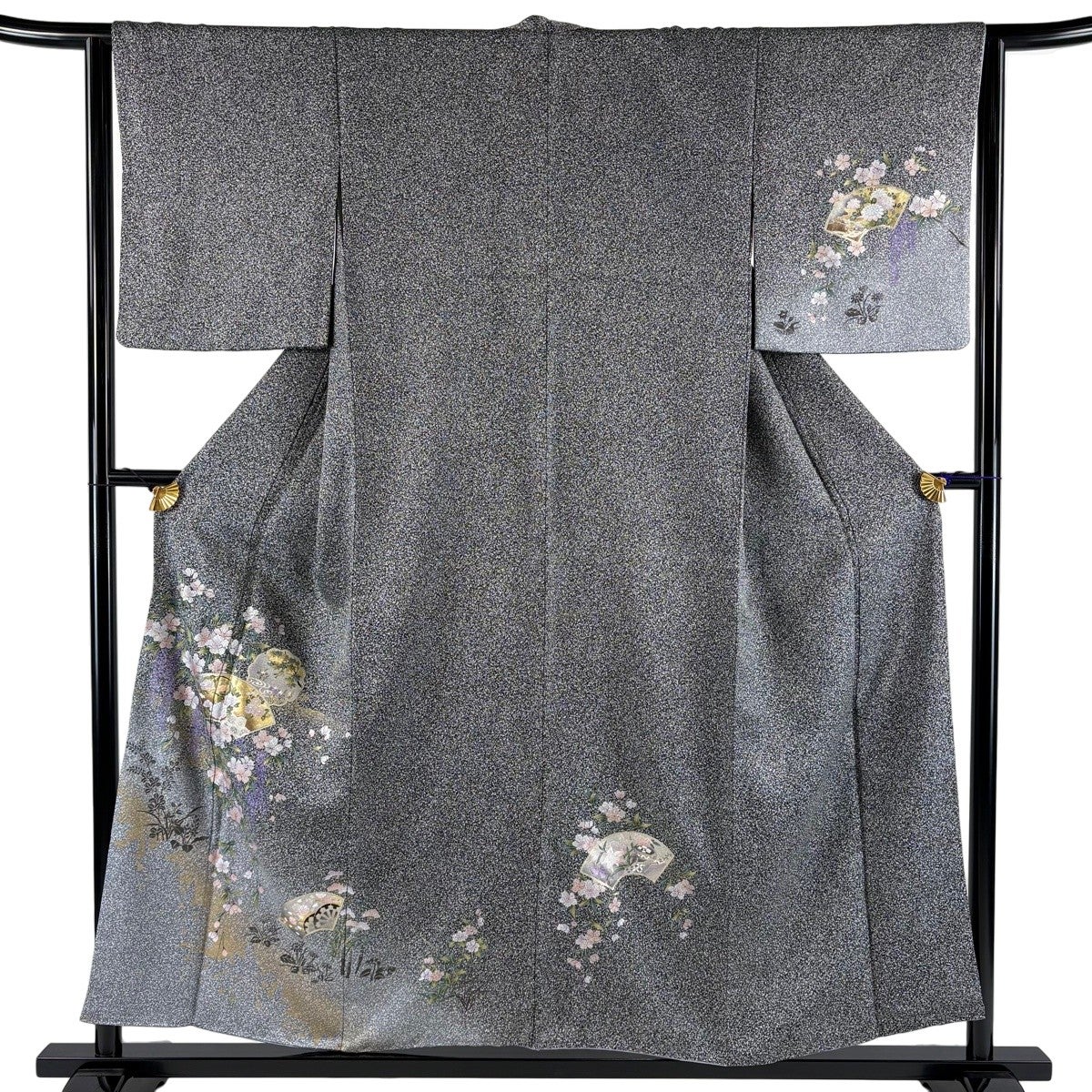 美品】 付下げ 身丈155cm 裄丈63.5cm S 袷 扇面 桜 金銀彩 ぼかし 黒