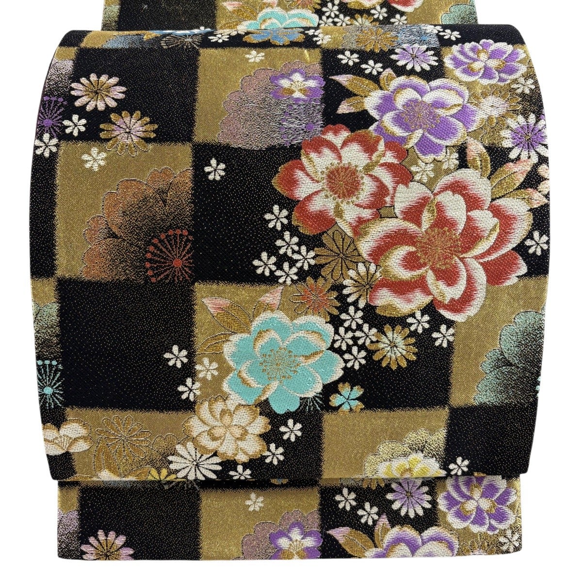 美品】 袋帯 名品 振袖向き 桜 市松 金糸 箔 黒 六通 正絹｜中古・古着
