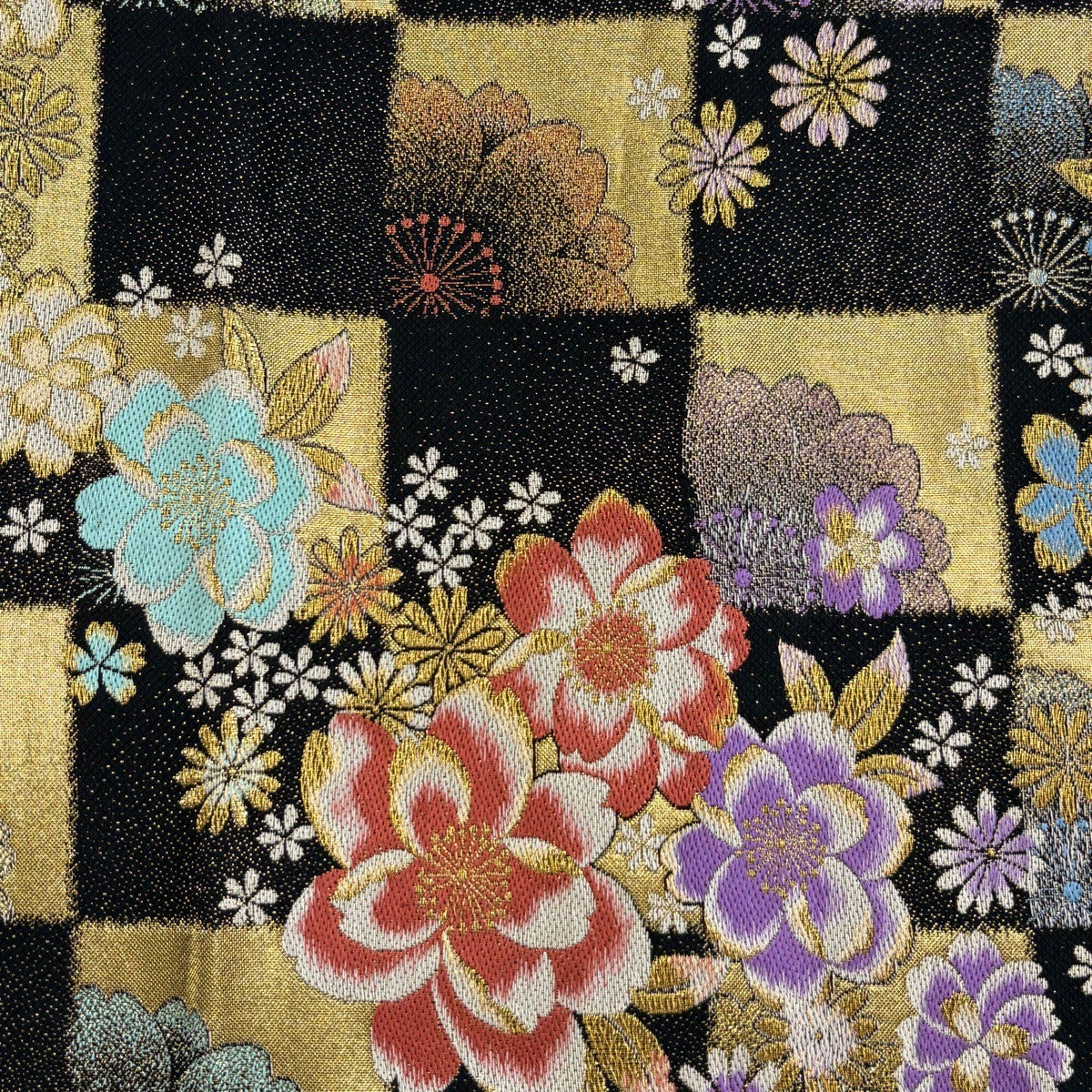 美品】 袋帯 名品 振袖向き 桜 市松 金糸 箔 黒 六通 正絹｜中古・古着