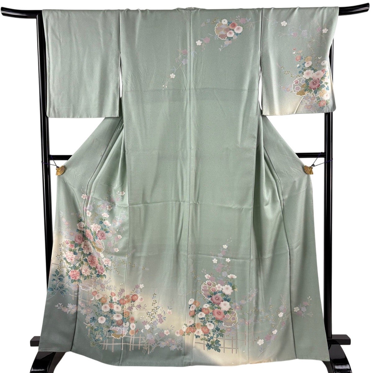 美品】 訪問着 身丈166.5cm 裄丈66cm M 袷 枝花 松 金彩 ぼかし 薄緑