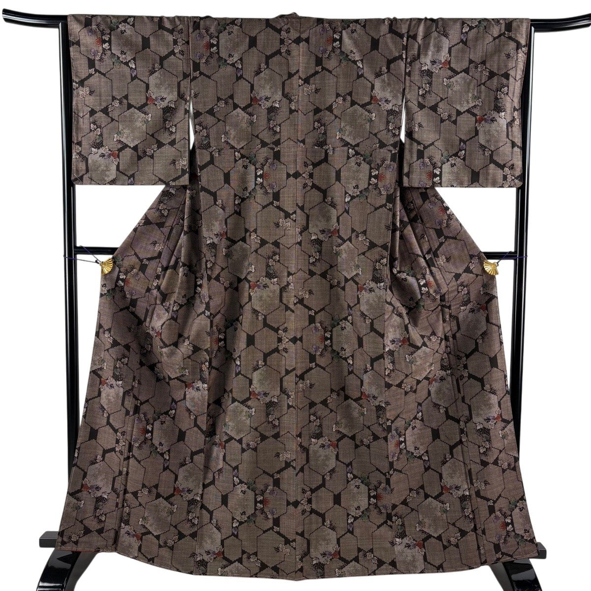 美品】 紬 身丈159cm 裄丈66cm M 袷 麻の葉 亀甲絣 濃紫 正絹 秀品