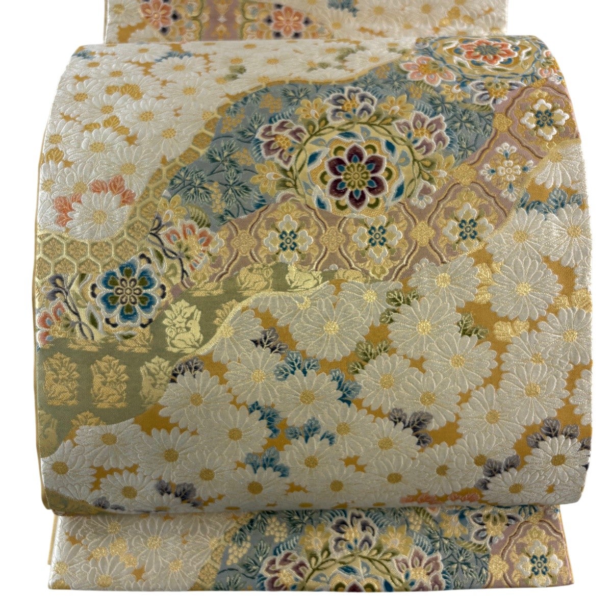 美品】 袋帯 名品 七宝繋ぎ 箔 銀糸 青紫 六通 正絹｜中古・古着