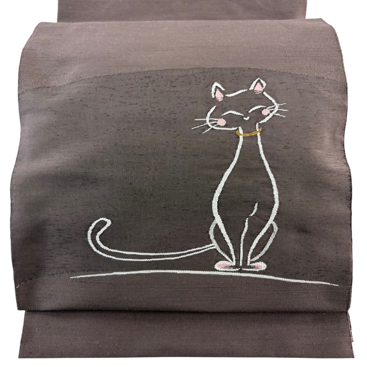 美品】 名古屋帯 名品 八寸名古屋帯 猫 金糸 紫 正絹｜中古・古着