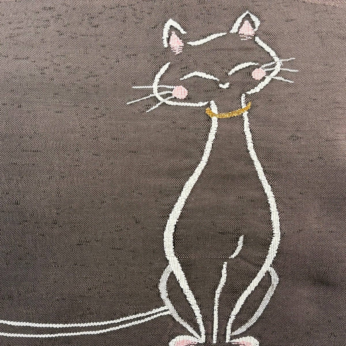 美品】 名古屋帯 名品 八寸名古屋帯 猫 金糸 紫 正絹｜中古・古着