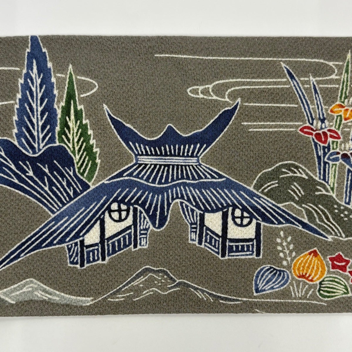 名古屋帯 名品 栗山吉三郎 落款あり 家屋 楓 縮緬 灰緑 正絹｜中古