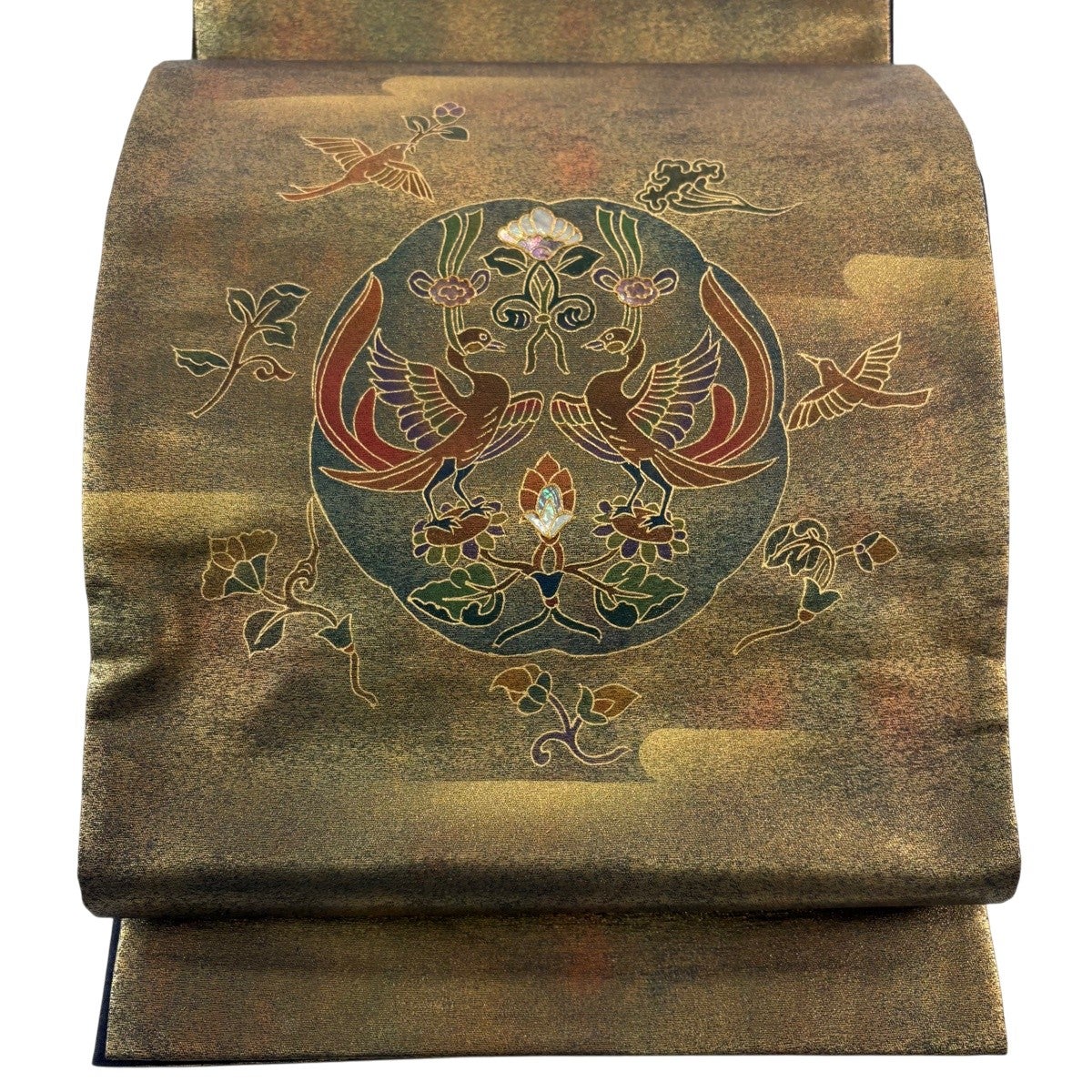 最終価格】 70%OFF 【美品】 袋帯 名品 華文 尾長鶏 螺鈿 箔 灰緑