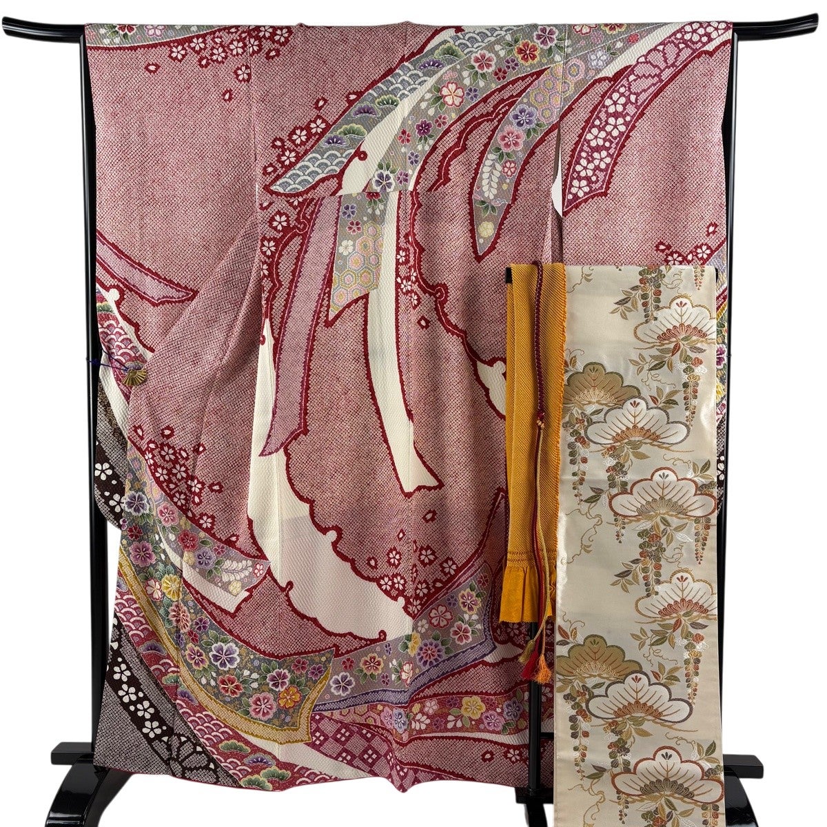 美品】 振袖 身丈161cm 裄丈66cm M 袷 袋帯フルセット 草花 熨斗 金糸