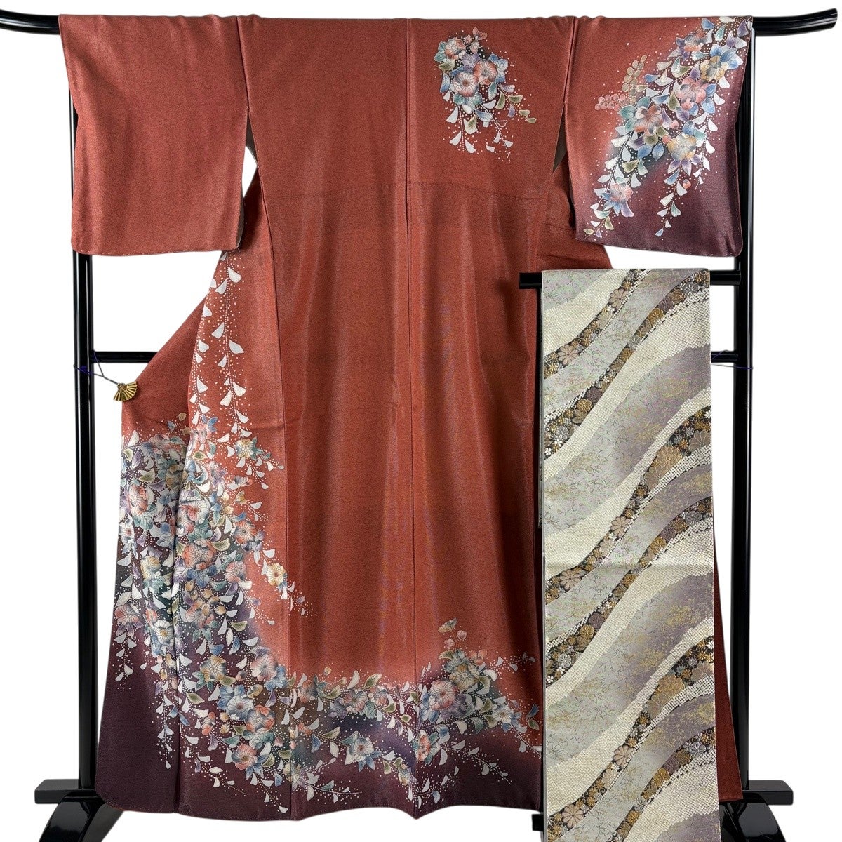 美品】 訪問着 身丈161cm 裄丈67.5cm L 袷 袋帯セット 辻が花柄 銀通し
