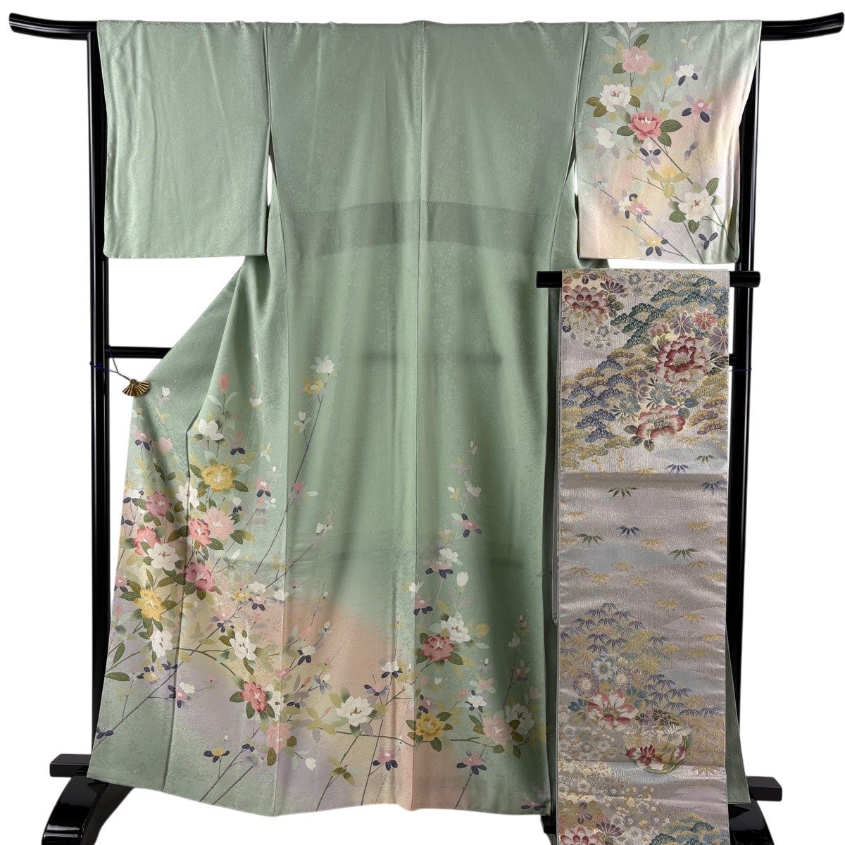 美品】 訪問着 身丈163.5cm 裄丈66.5cm M 袷 袋帯セット 草花 染め分け