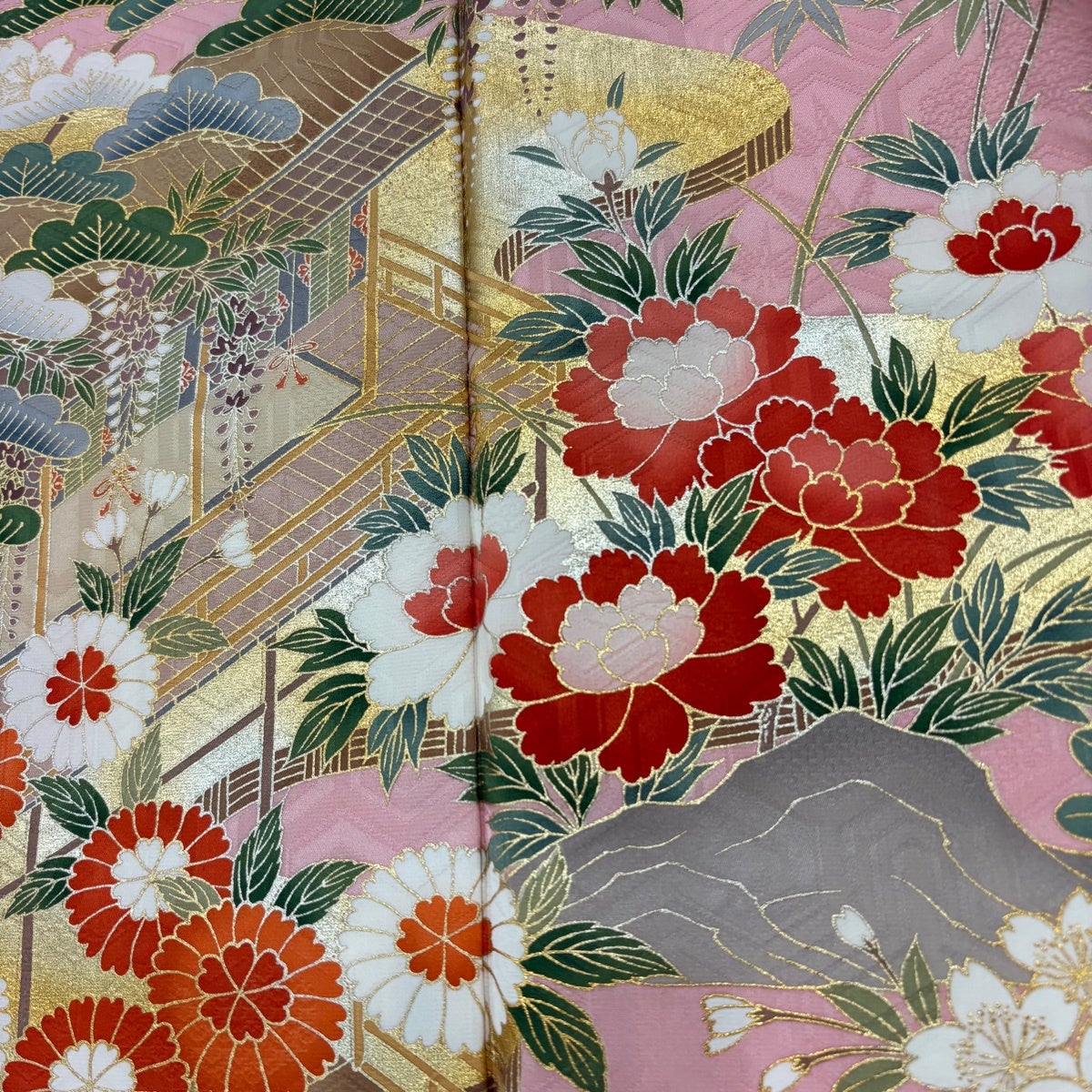 美品】 振袖 身丈168cm 裄丈67cm M 袷 袋帯フルセット 牡丹 建物 金銀