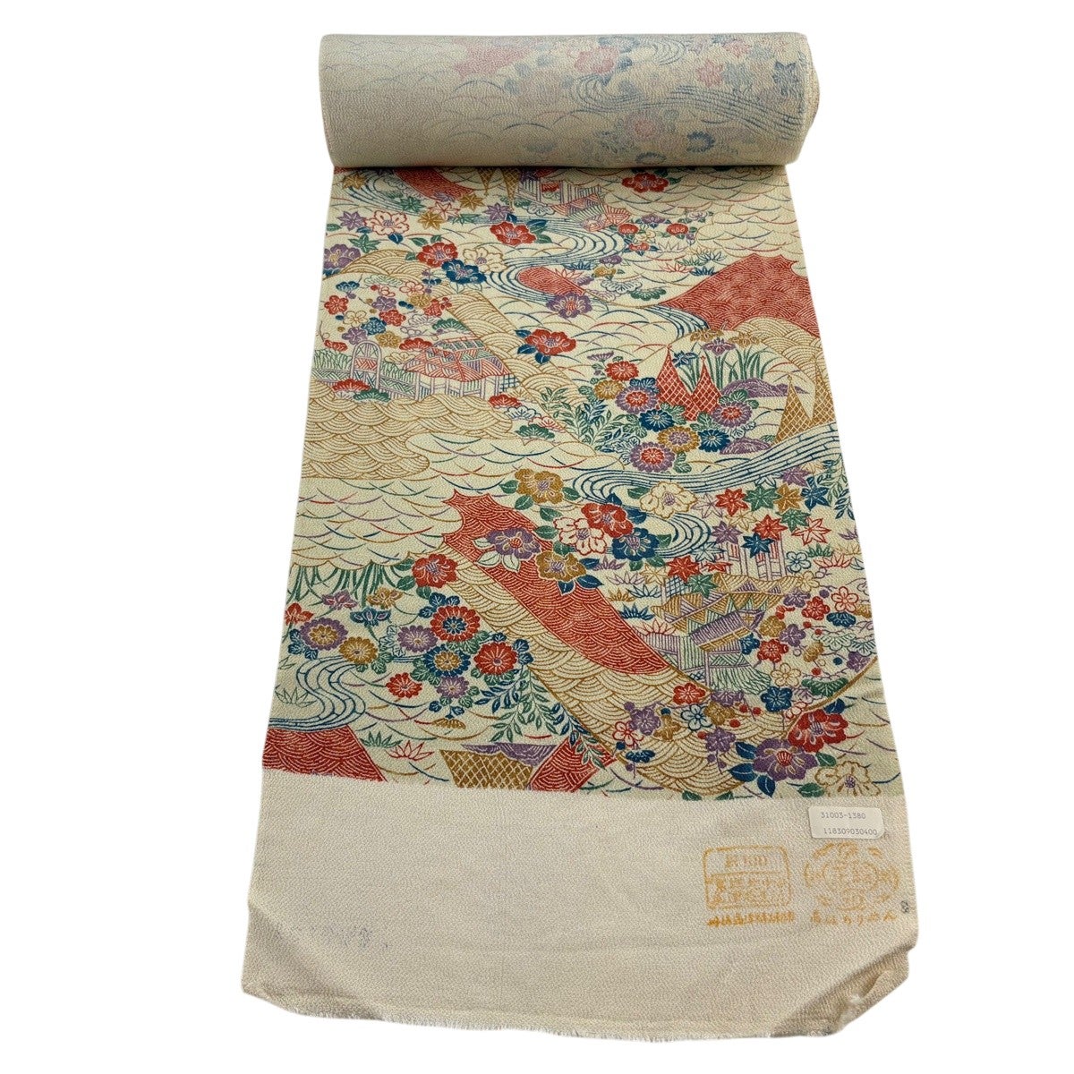 反物 秀品 小紋 松竹梅 流水 縮緬 クリーム 正絹｜中古・古着