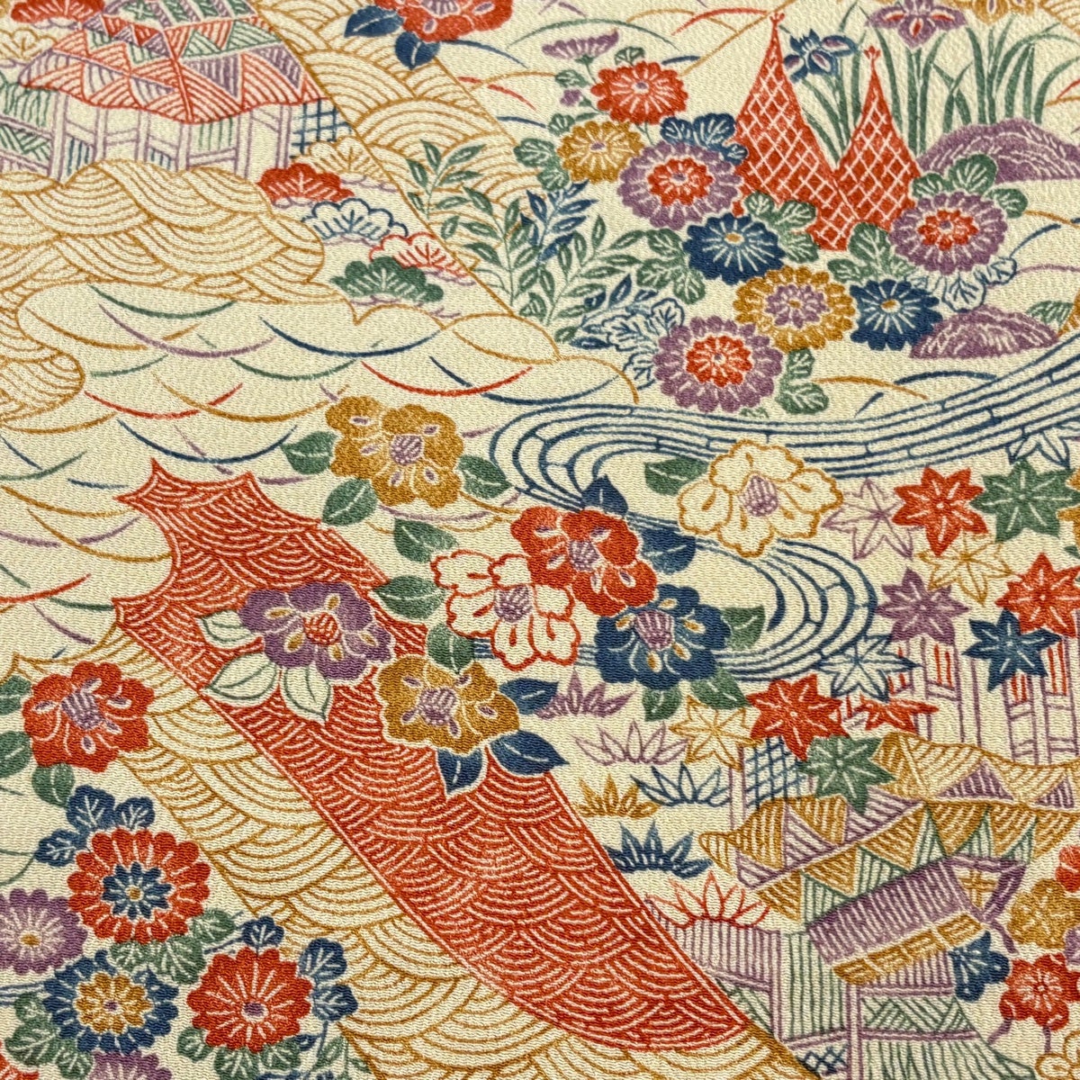 反物 秀品 小紋 松竹梅 流水 縮緬 クリーム 正絹｜中古・古着