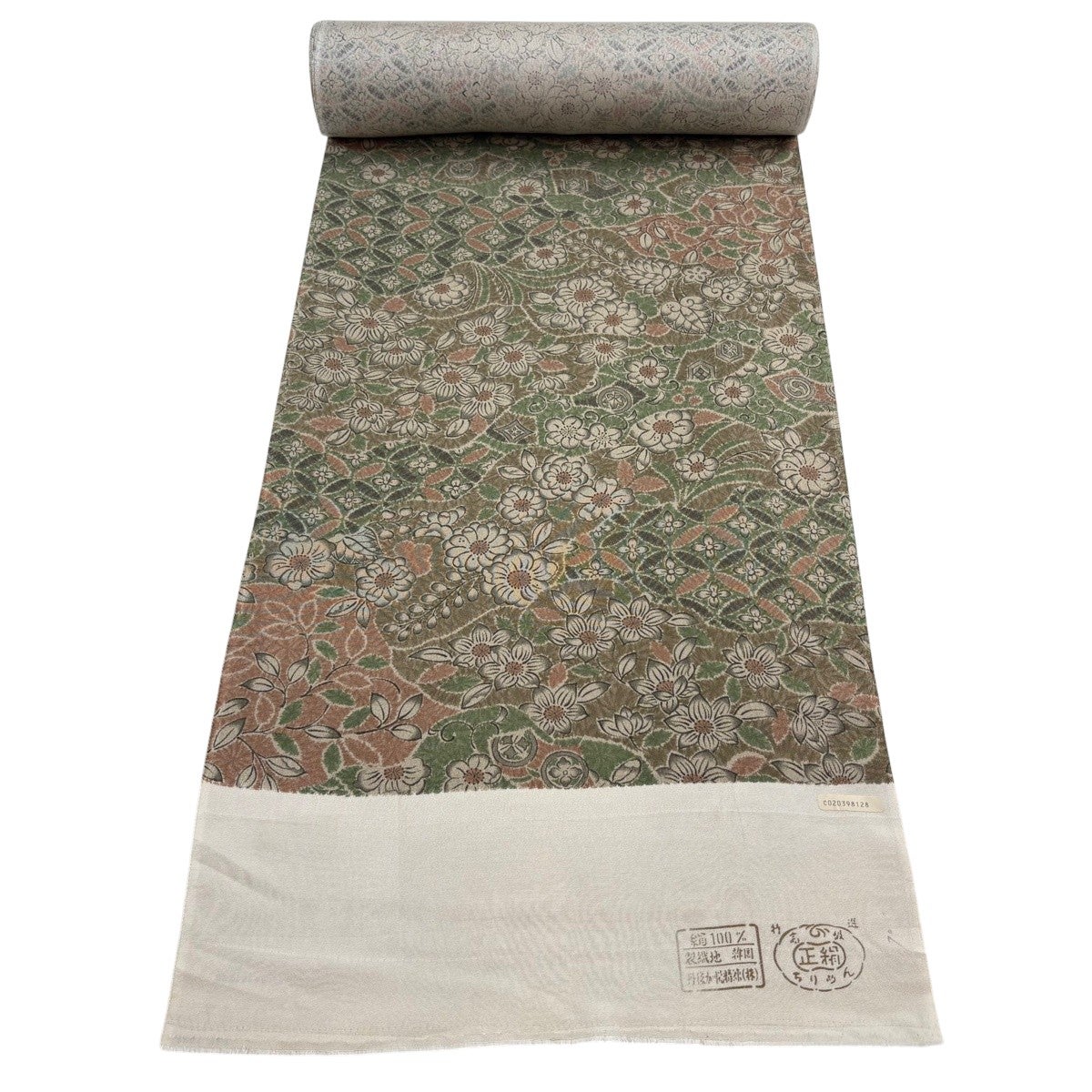 反物 秀品 小紋 草花 七宝 茶緑色 正絹｜中古・古着・リサイクル着物