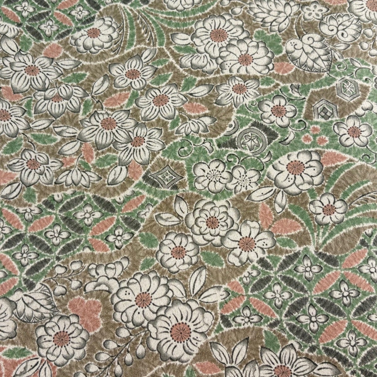 反物 秀品 小紋 草花 七宝 茶緑色 正絹｜中古・古着・リサイクル着物