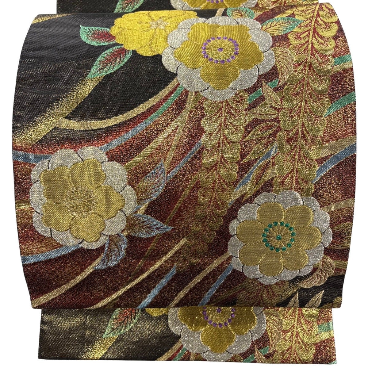 袋帯 秀品 振袖向き 桜 藤 金銀糸 箔 黒 六通 正絹｜中古・古着