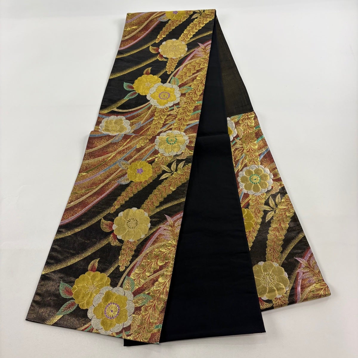 袋帯 秀品 振袖向き 桜 藤 金銀糸 箔 黒 六通 正絹｜中古・古着