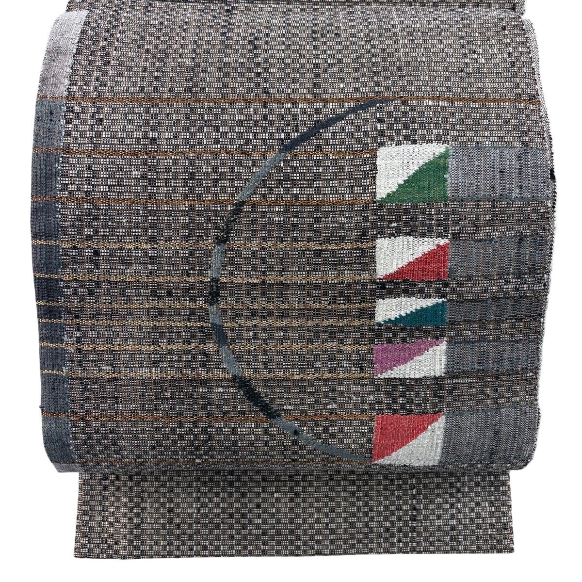 美品】 名古屋帯 秀品 八寸名古屋帯 松葉仕立て 幾何学 金糸 黒灰 正絹