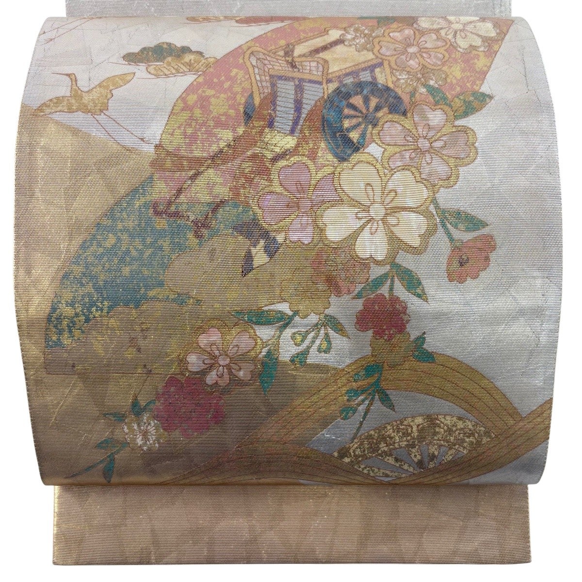 袋帯 秀品 御所車 枝垂桜 螺鈿箔 銀色 お太鼓柄 正絹｜中古・古着
