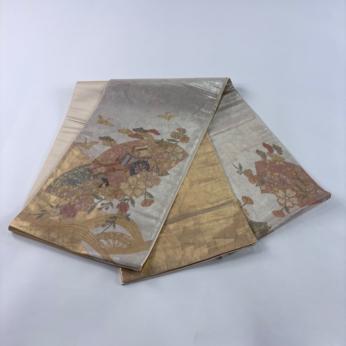 袋帯 秀品 御所車 枝垂桜 螺鈿箔 銀色 お太鼓柄 正絹｜中古・古着