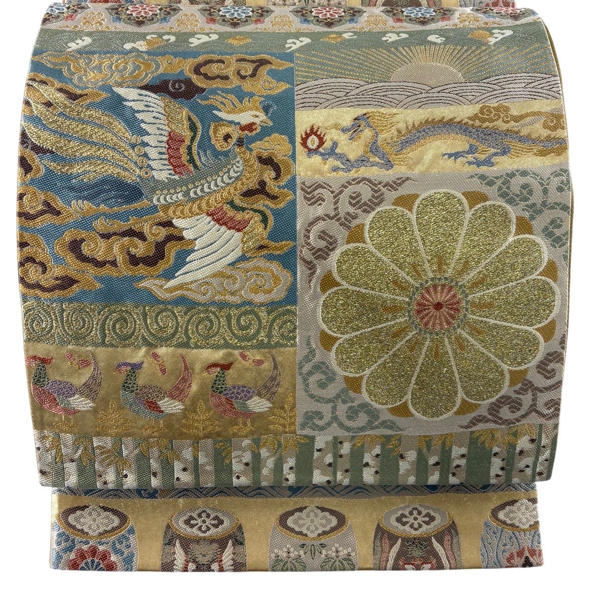 絽刺し 諏訪 刺繍 袋帯 正絹 華文 袋帯 逸品 華文 花鳥 絽刺し 金糸 小豆色 全通 正絹｜中古・古着