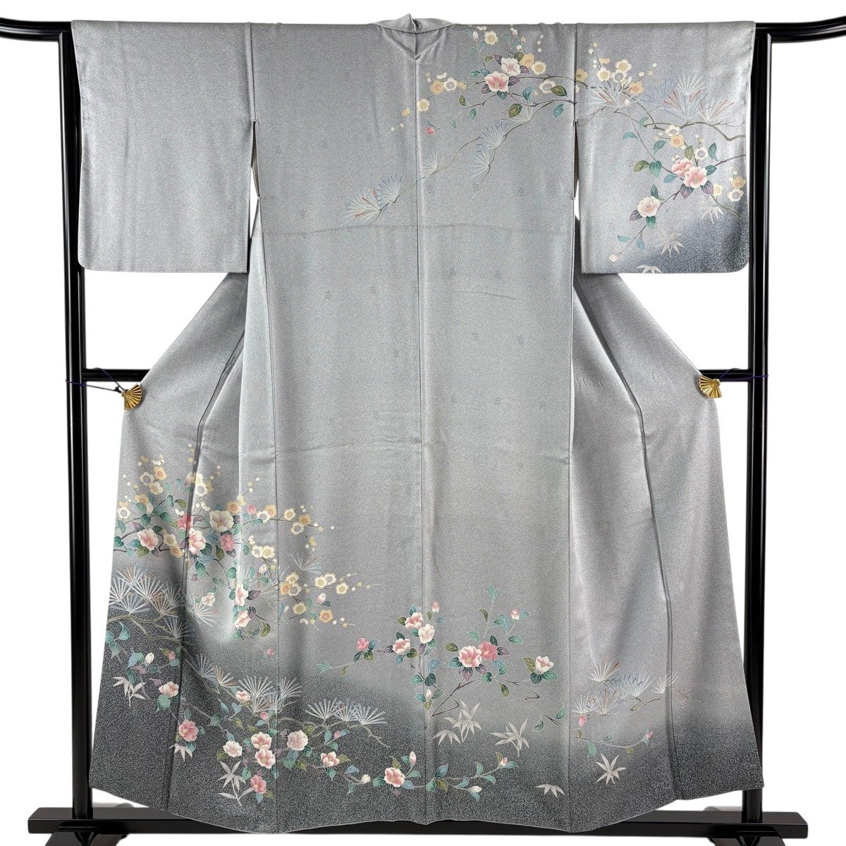 訪問着 身丈155.5cm 裄丈64.5cm M 袷 椿 若松 灰色 正絹 秀品｜中古