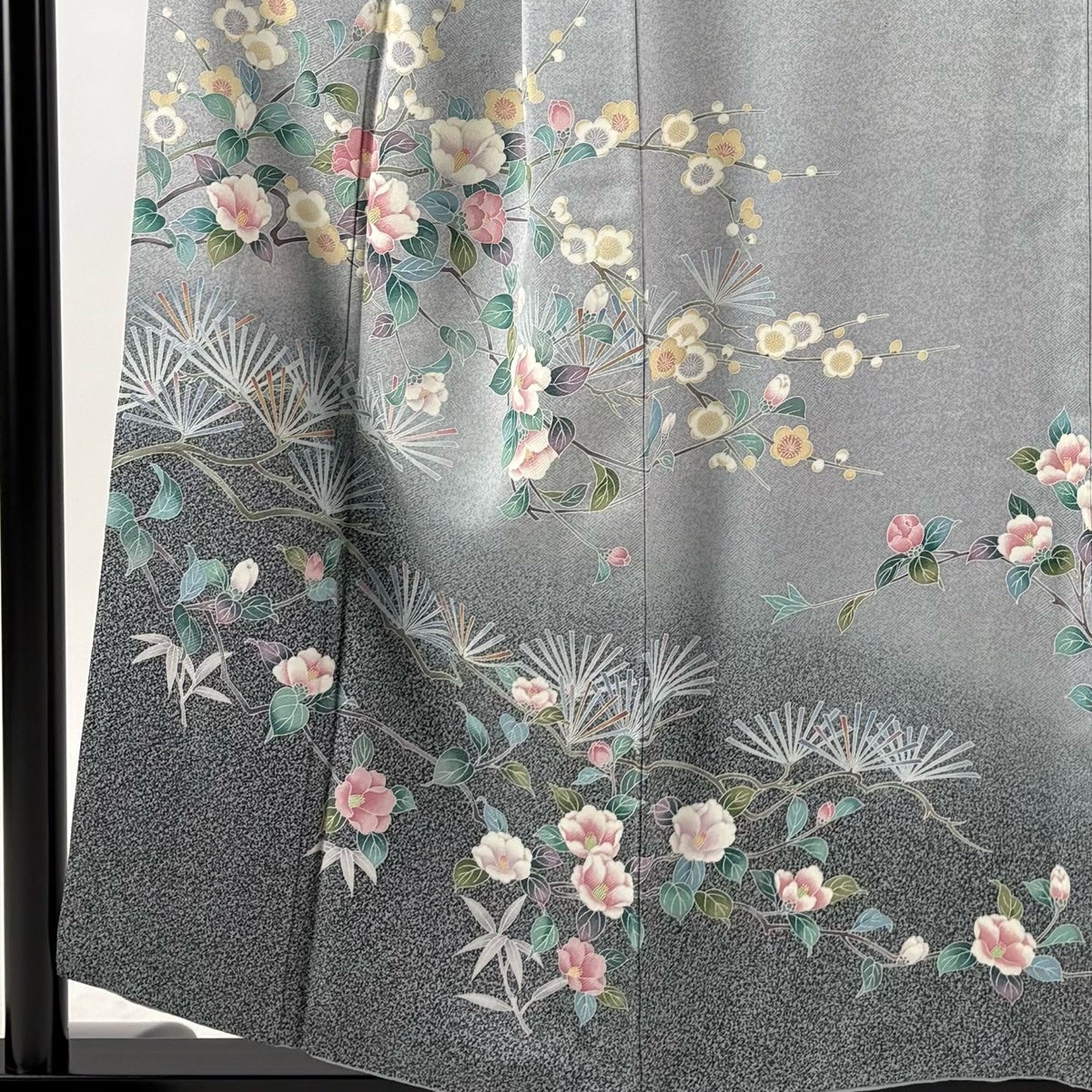訪問着 身丈155.5cm 裄丈64.5cm M 袷 椿 若松 灰色 正絹 秀品｜中古