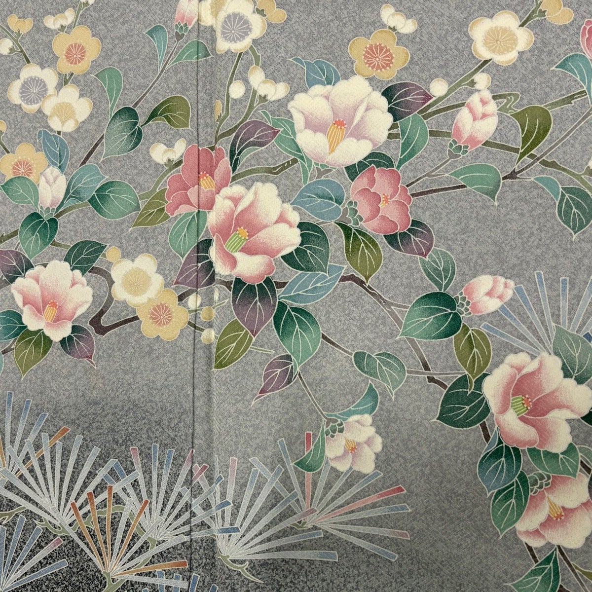 訪問着 身丈155.5cm 裄丈64.5cm M 袷 椿 若松 灰色 正絹 秀品｜中古