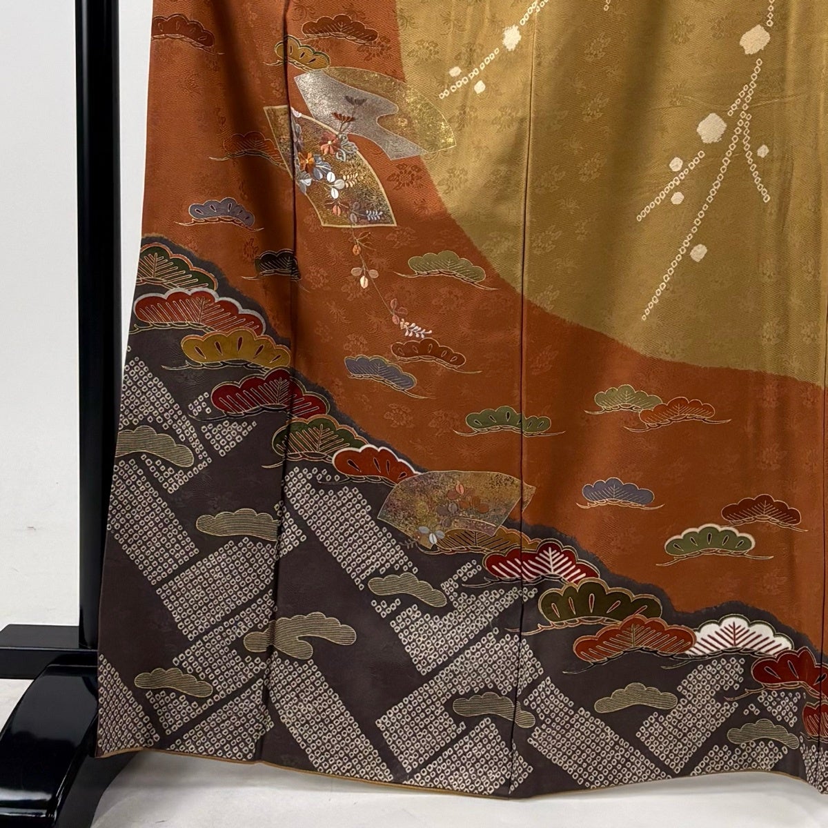 訪問着 身丈166.5cm 裄丈64.5cm M 袷 扇面 笠松 刺繍 金銀彩 赤茶 正絹