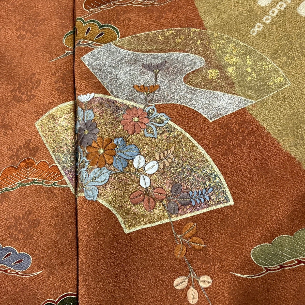 訪問着 身丈166.5cm 裄丈64.5cm M 袷 扇面 笠松 刺繍 金銀彩 赤茶 正絹