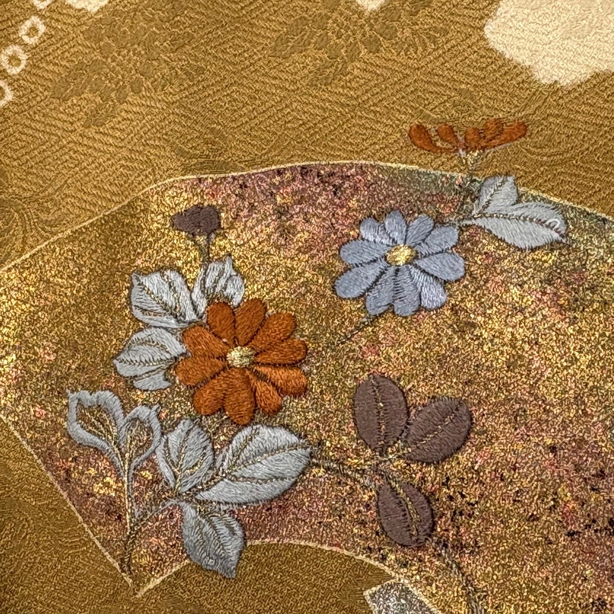 訪問着 身丈166.5cm 裄丈64.5cm M 袷 扇面 笠松 刺繍 金銀彩 赤茶 正絹