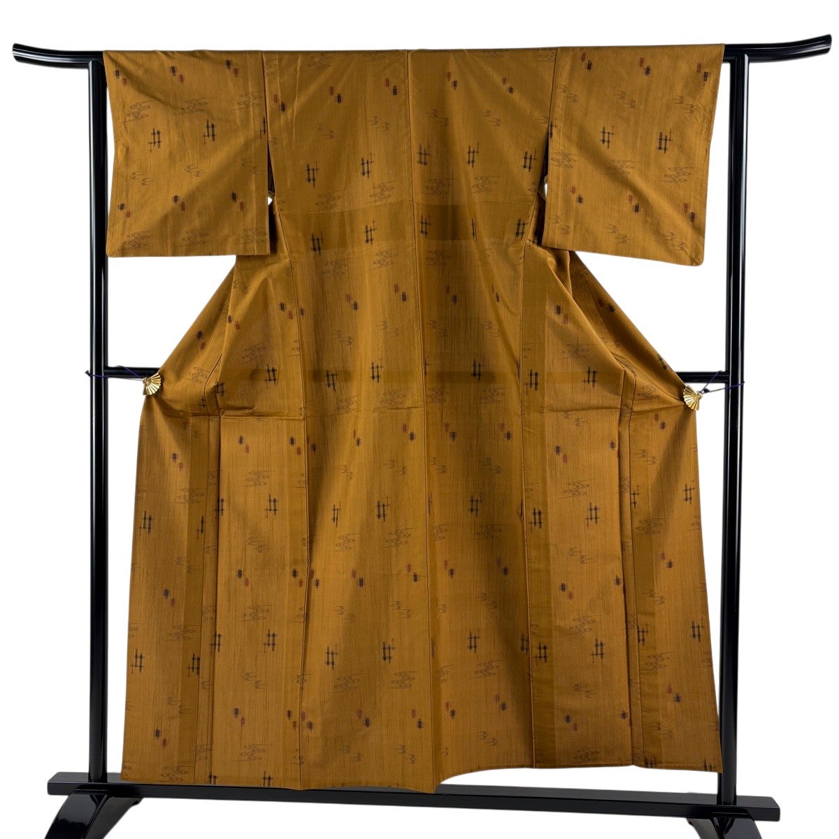 美品】 紬 身丈155cm 裄丈62cm S 単衣 井桁絣 燕 山吹茶色 正絹 秀品