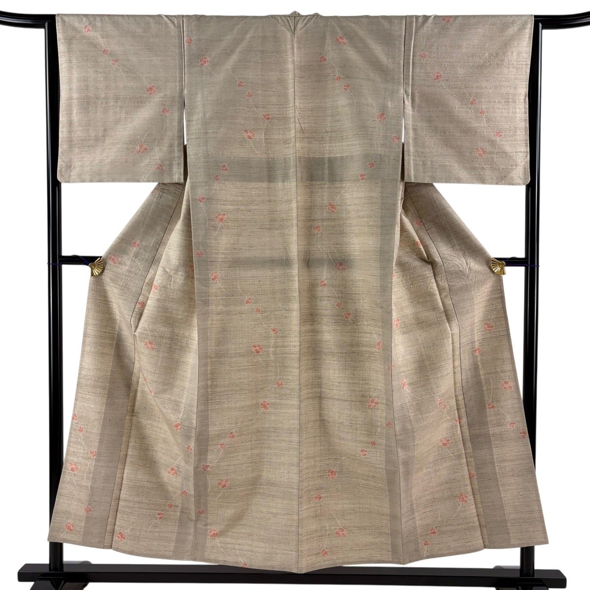 紬 身丈152.5cm 裄丈64cm M 単衣 草花 薄茶色 正絹 秀品｜中古・古着