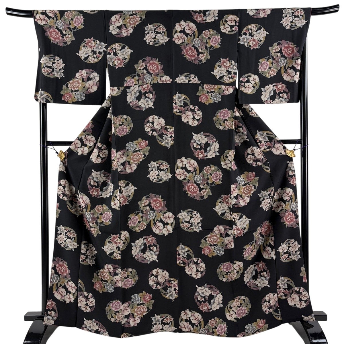 小紋 身丈165cm 裄丈68cm L 袷 花丸文 墨色 正絹 秀品｜中古・古着