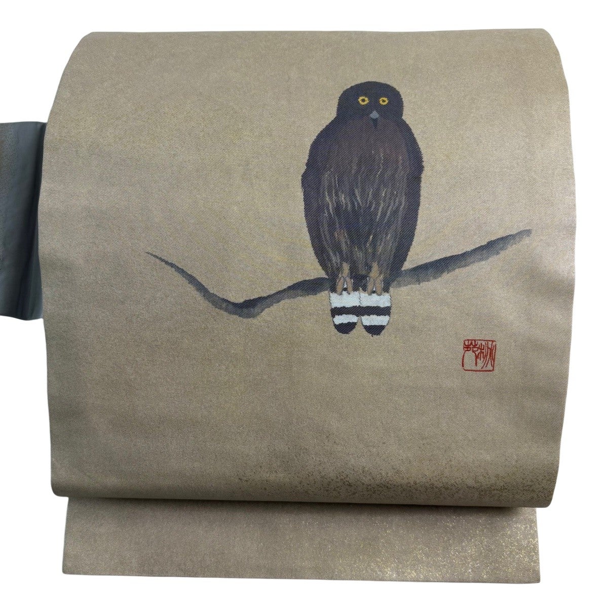 名古屋帯 秀品 落款あり 鳥 枝 箔 灰茶 正絹｜中古・古着・リサイクル