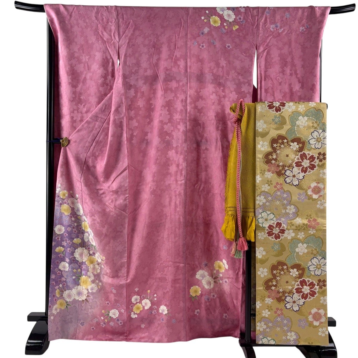 振袖 身丈169cm 裄丈70cm L 袷 袋帯フルセット 桜 地紋 金糸 金彩