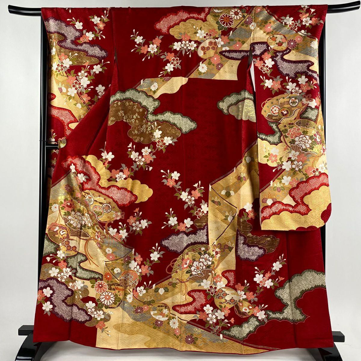 振袖 身丈164.5cm 裄丈66cm M 袷 桧扇 幔幕 赤 正絹 名品｜中古・古着