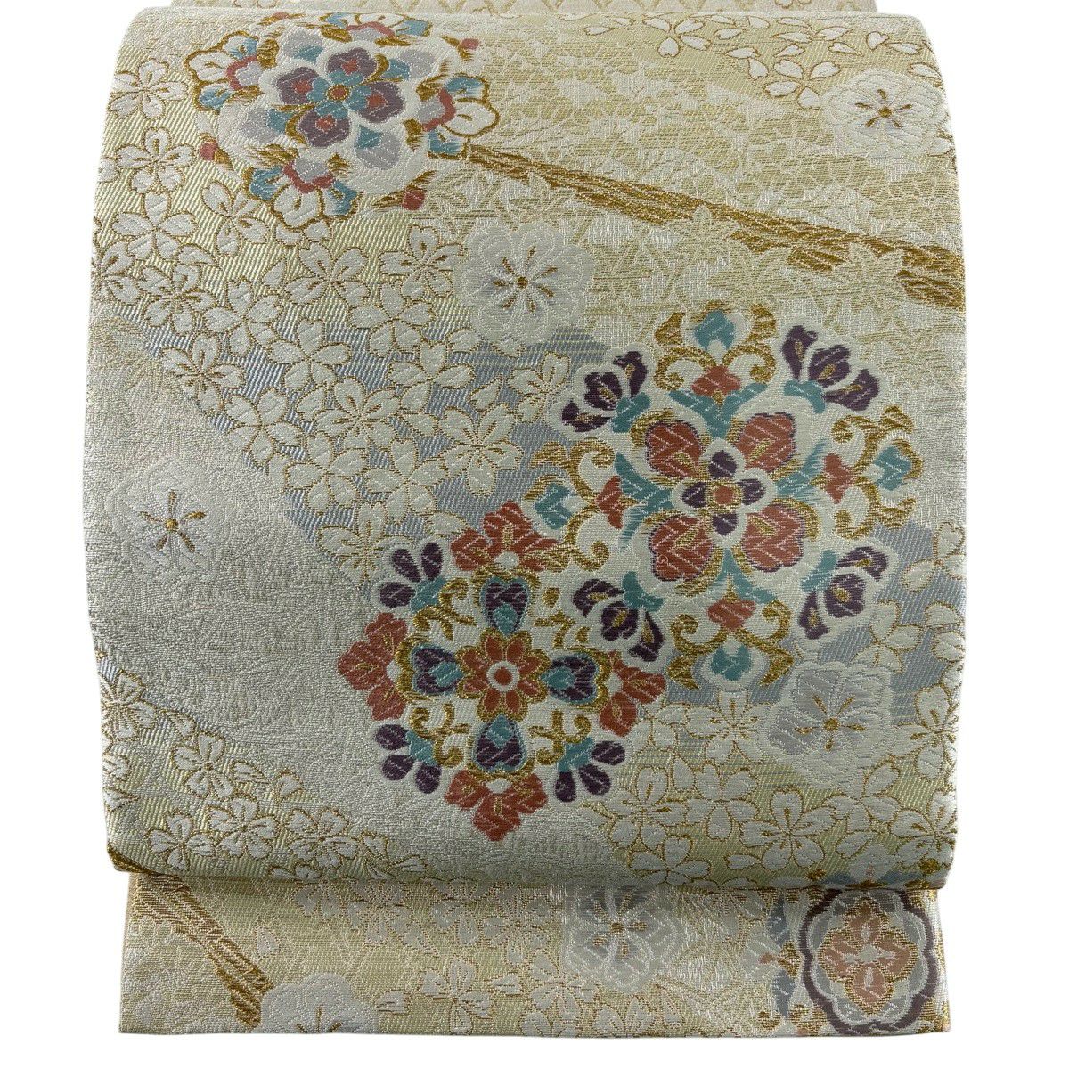 美品】 袋帯 名品 華文 桜 金銀糸 クリーム お太鼓柄 正絹｜中古・古着