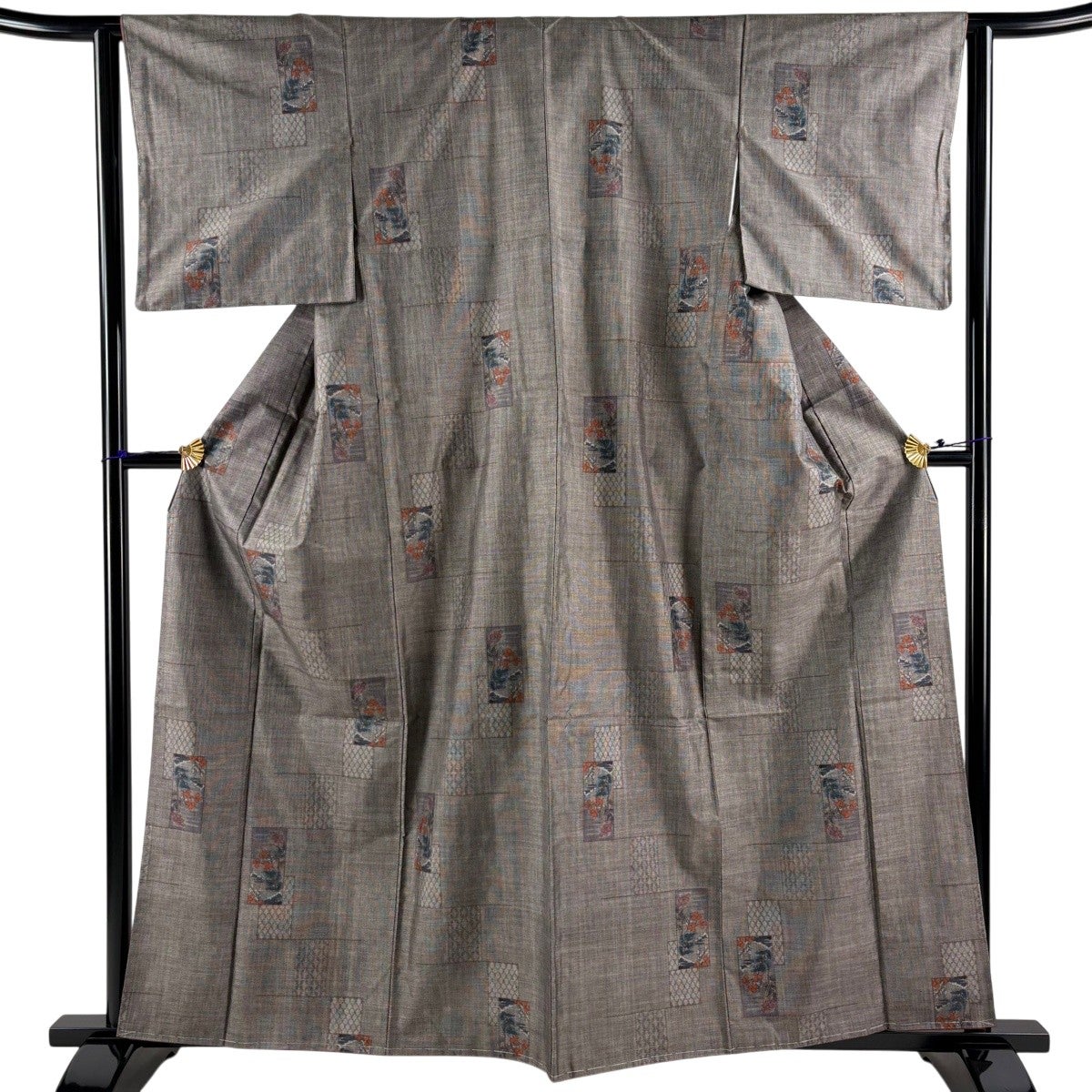 紬 身丈161cm 裄丈62.5cm S 袷 草花 七宝 灰茶 正絹 秀品｜中古・古着