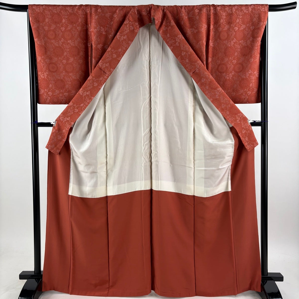 美品】 小紋 身丈167cm 裄丈67cm M 袷 花唐草 朱色 正絹 秀品｜中古