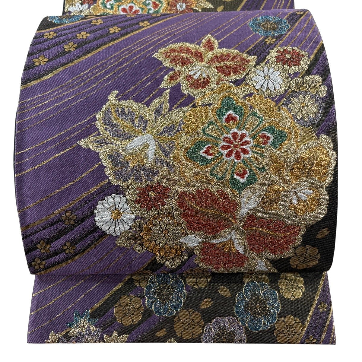 【美品】袋帯　螺鈿刺繍　宝相華　紫金箔　六通 袋帯 秀品 華文 花柄 箔 紫 六通 正絹｜中古・古着・リサイクル着物