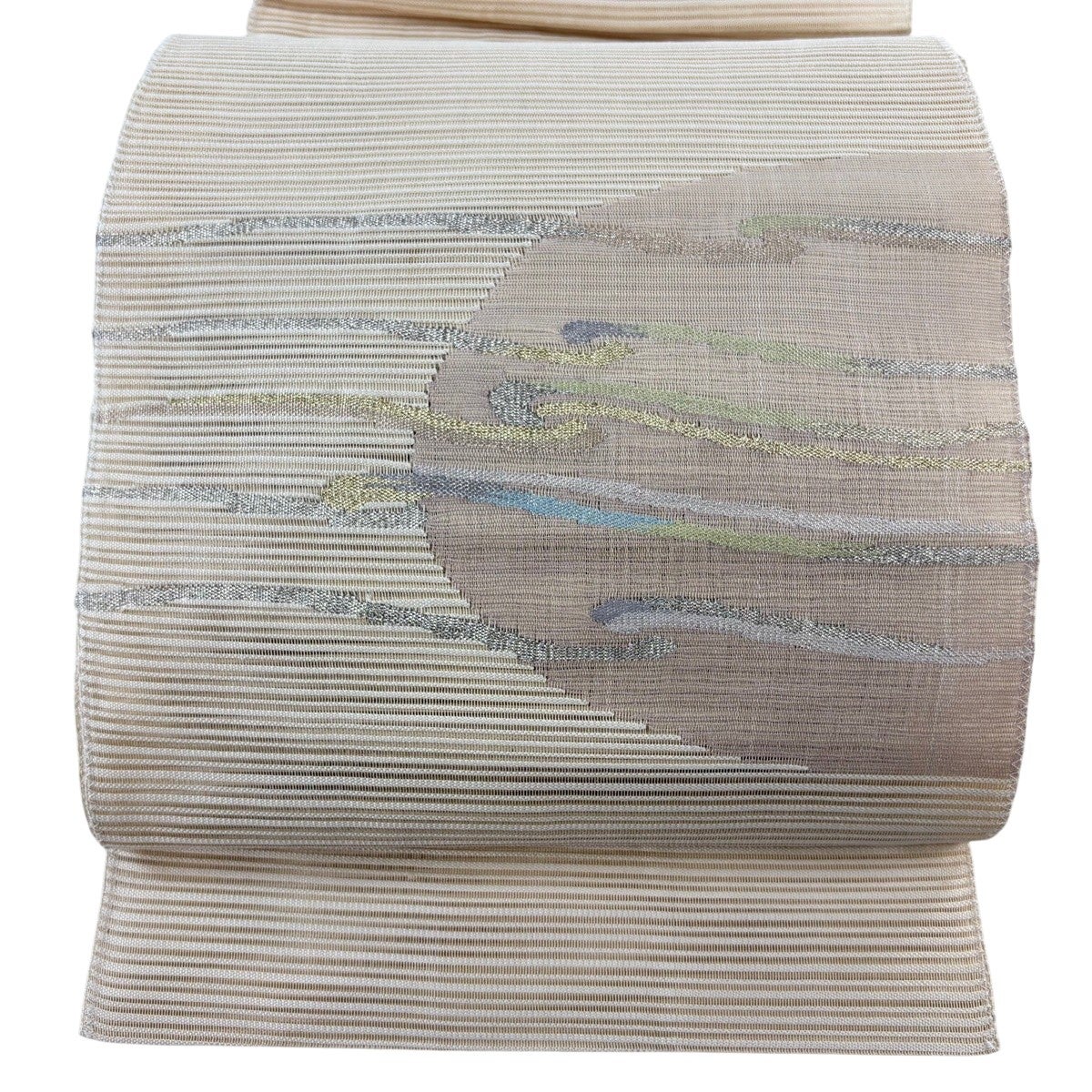 美品】 名古屋帯 秀品 夏帯 絽 草花 霞 金銀糸 ベージュ 正絹｜中古