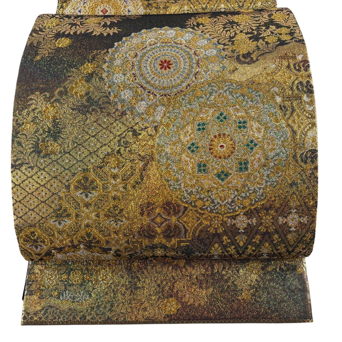 美品】 袋帯 秀品 更紗文様 華文 金糸 箔 金色 全通 正絹｜中古・古着