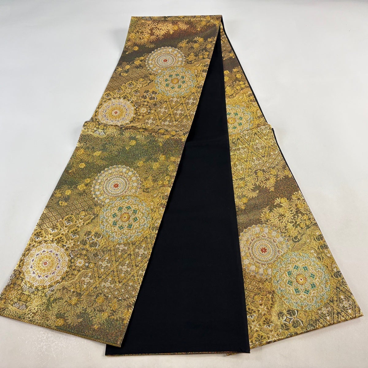 美品】 袋帯 秀品 更紗文様 華文 金糸 箔 金色 全通 正絹｜中古・古着
