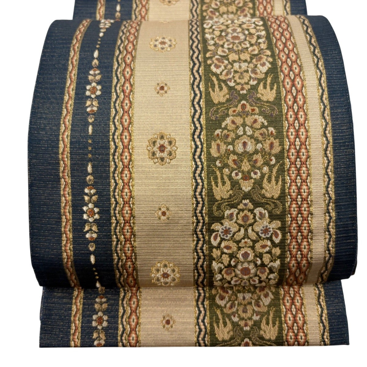 美品】 袋帯 秀品 華文 草花 金糸 金通し 紺色 六通 正絹｜中古・古着