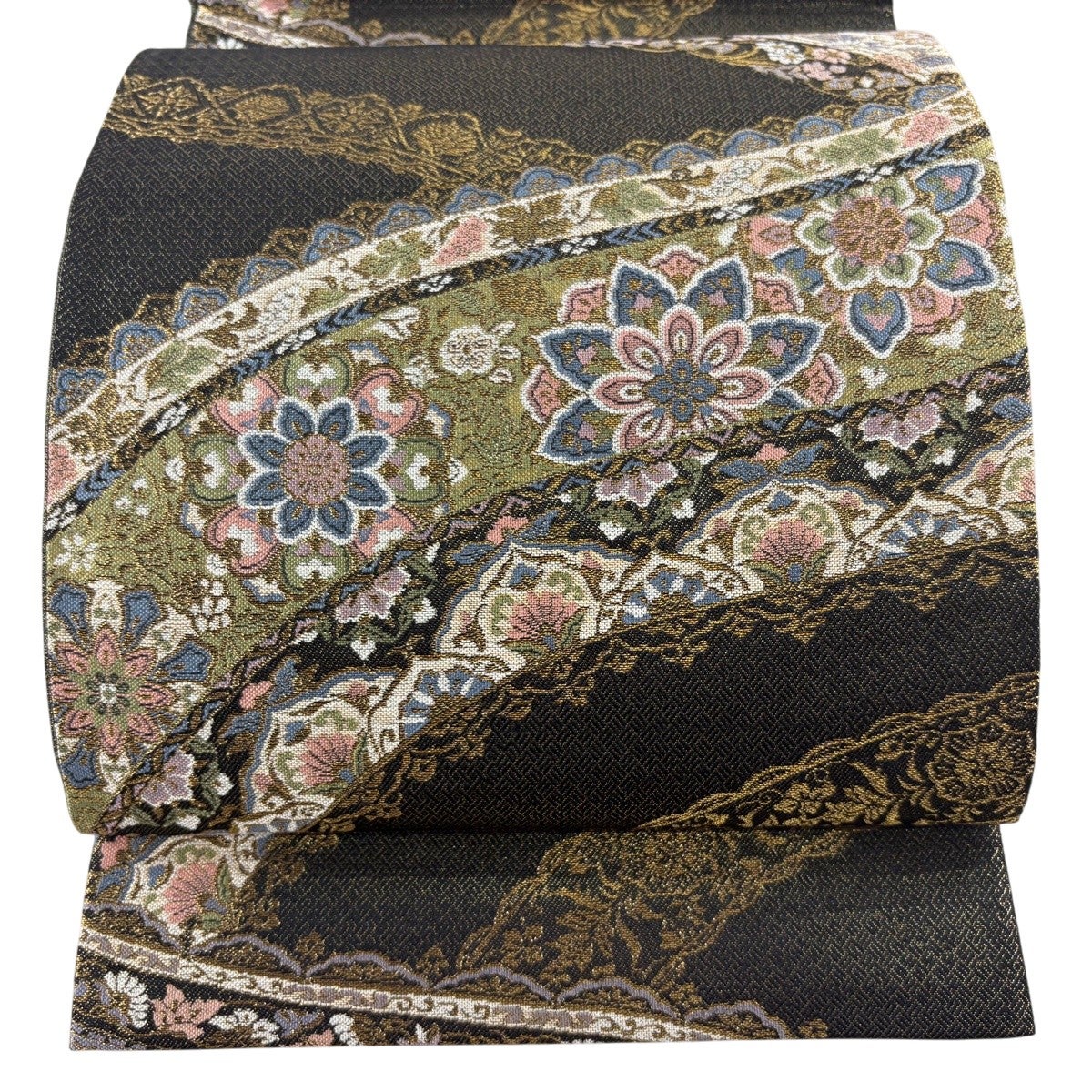 美品】 袋帯 秀品 華文 草花 金糸 黒 六通 正絹｜中古・古着