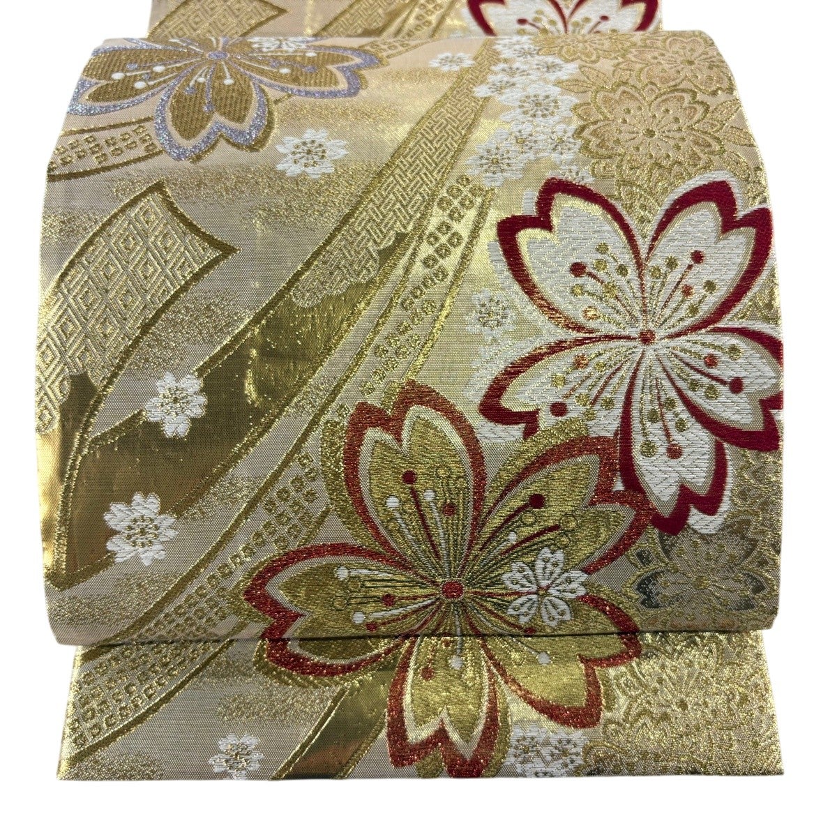 袋帯 秀品 振袖向き 桜 熨斗 金糸 箔 金色 六通 正絹｜中古・古着