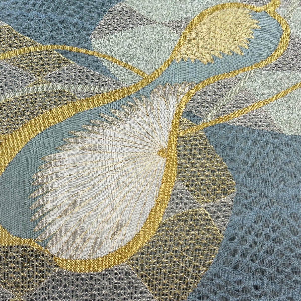 袋帯 秀品 夏帯 瓢箪 菊 金銀糸 青灰色 お太鼓柄 正絹｜中古・古着
