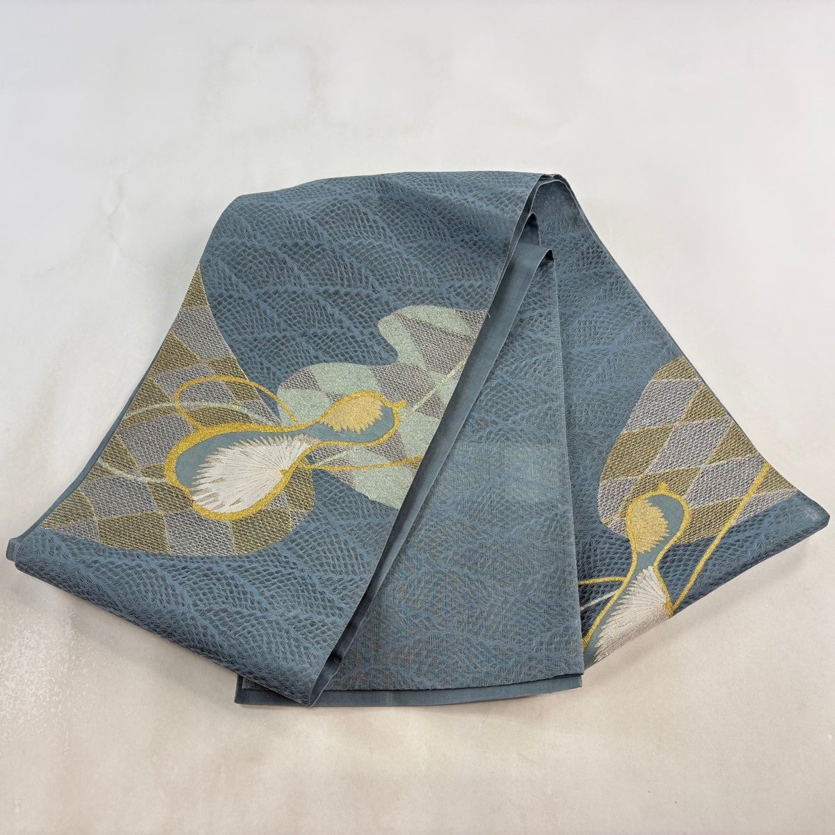 袋帯 秀品 夏帯 瓢箪 菊 金銀糸 青灰色 お太鼓柄 正絹|中古・古着 袋帯 秀品 夏帯 瓢箪 菊 金銀糸 青灰色 お太鼓柄 正絹|中古・古着